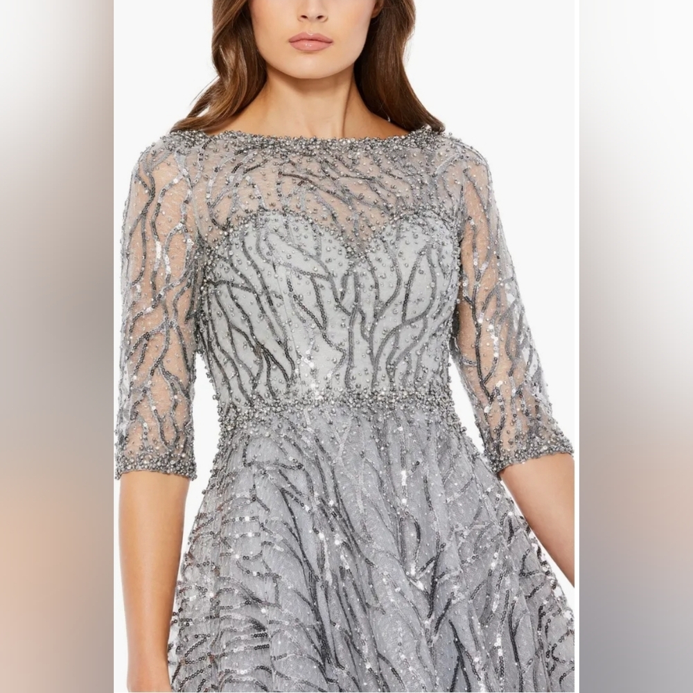 NWT Mac Duggal Silver High Neck Above Elbow Sleeve Embellished A Line Dress SZ 4 - Picture 2 of 11